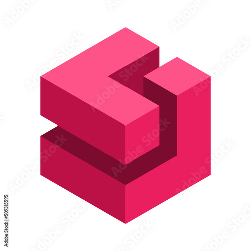 Abstract red 3D cube. L and L letter logo. Two bricks forming cube. Block puzzle pieces fit together. Solution concept. Construction, architecture element. Vector illustration, isometric, clip art. 