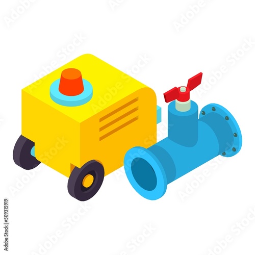 Metalworking concept icon isometric vector. Welding machine, pipe part with valve. Industrial equipment, repair work, construction, manufacturing