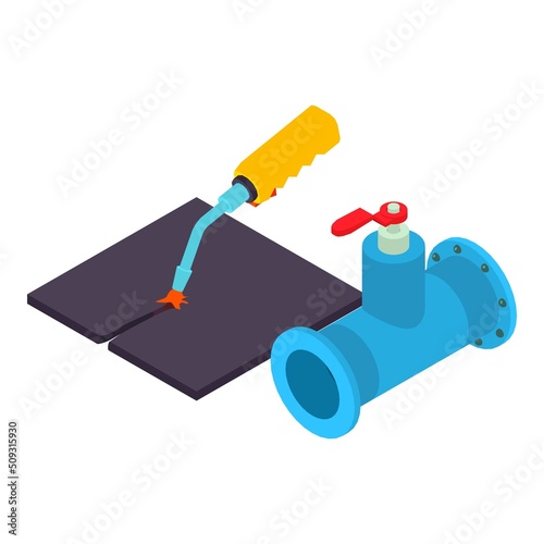 Welding steel icon isometric vector. Welding torch and pipe part with valve icon. Industrial equipment, repair and construction work