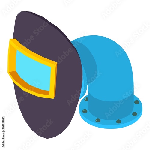 Metallurgist tool icon isometric vector. Protective welding mask, pipe part icon. Professional equipment, metallurgy, manufacturing
