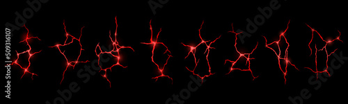 Ground cracks with red glow of fire or magma inside. Vector realistic set of lightning, electric impacts or cracks with magic light in land in top view isolated on black background