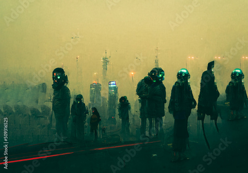 Fotografie, Obraz Highly polluted sci fi city  with people covering their faces to breath, climate