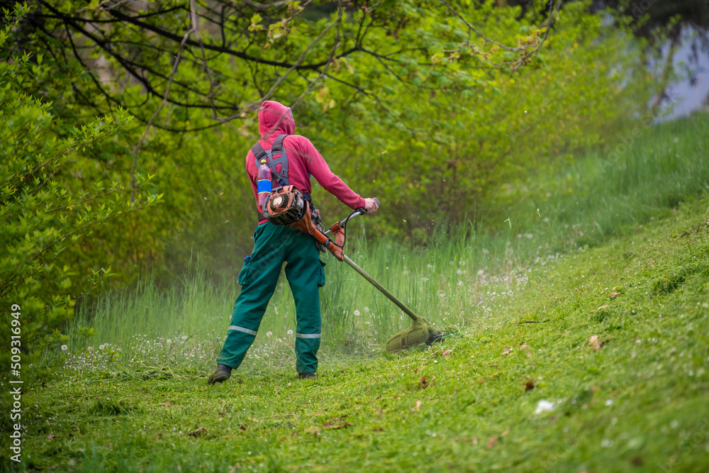 Worker mowing tall grass with electric or petrol lawn trimmer in city park or backyard. Gardening care tools and equipment. Process of lawn trimming with hand mower. Worker mowing tall grass with electric or petrol lawn trimmer in city park or backyard. Gardening care tools and equipment. Process of lawn trimming with hand mower.