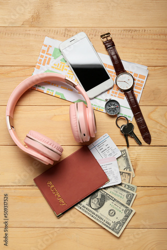 Guide's belongings with hea...
