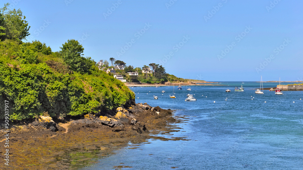 sea view with boats on the coast  in the aber Benoit in Brittany - France
