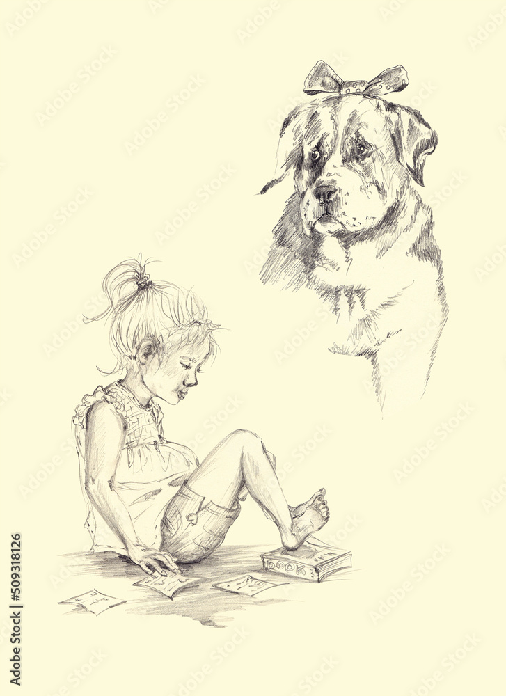 Sketch illustrations in pencil on a light background of a girl reading books and a big dog with a bow Sketch illustrations in pencil on a light background of a girl reading books and a big dog with a bow