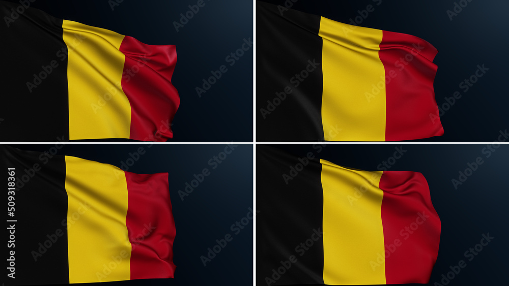 Fototapeta premium Belgium flag. Brussels sign. European country. Collection of Belgian tricolor official symbol of National Day celebration. Realistic 3D illustration with cotton texture set of 4.