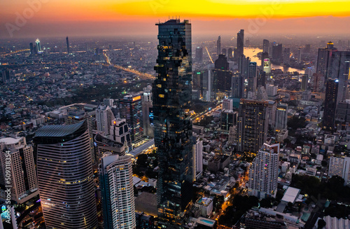 Aerial view of King Power Mahanakhon tower in Sathorn Silom central business district of Bangkok, Thailand