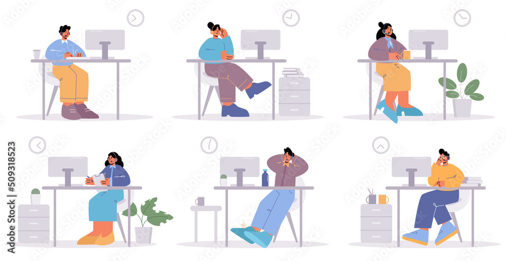 Operators of customer support service in office. Vector flat illustration of call center workers at desk with computer. People in headsets on workplace isolated on white background