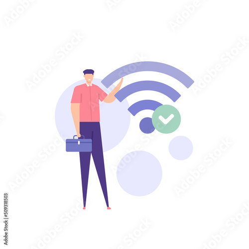 internet technician, fiber optic technician. Wifi, wireless network. a worker or staff repair customer internet network. internet service. job and profession. flat cartoon illustration. concept design