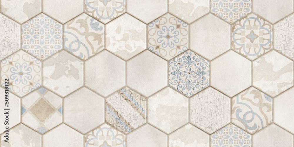 Seamless vintage pattern with scuff effect. Patchwork tiles. Hand-drawn seamless abstract tile pattern. Tile Azulejos patchwork. Portuguese and Spanish décor. Hexagon pattern - obrazy, fototapety, plakaty 