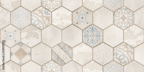 Seamless vintage pattern with scuff effect. Patchwork tiles. Hand-drawn seamless abstract tile pattern. Tile Azulejos patchwork. Portuguese and Spanish décor. Hexagon pattern photo