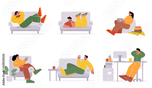 Lazy people relax on sofa at home. Man procrastinate and nap in office. Vector flat illustration of characters lying on couch with phone, rest, girl with laptop and books, person sleep at desk