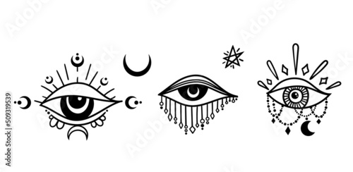 Evil eye and moons isolated clip art set, celestial the third eye esoteric symbols, mystical hand drawn eye of providensce, silhouette magic protecting amulet, black and white vector image set