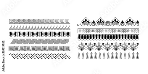 Greek style ornate borders isolated clip art bundle, border frames with greek meander ornament, decorative lines of motifs, black and white hand drawn elements vector