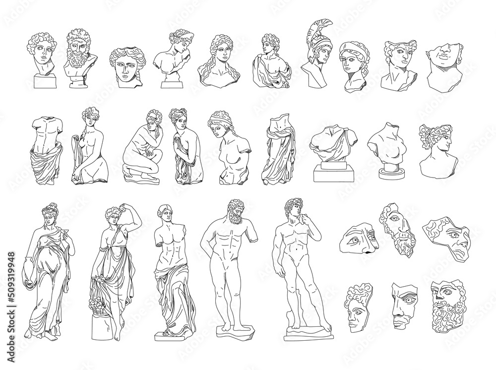 Ancient Greek aesthetics, greece statues of a goddess and a nymph, vector black white outline antique sculptures of man and woman, hand drawn people bodies isolated clip art bundle Ancient Greek aesthetics, greece statues of a goddess and a nymph, vector black white outline antique sculptures of man and woman, hand drawn people bodies isolated clip art bundle
