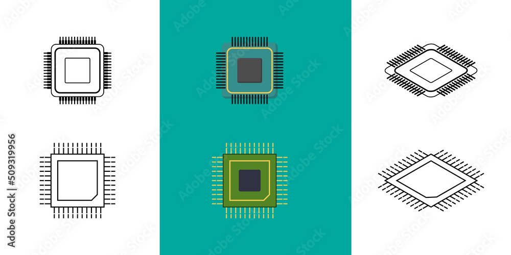 Fototapeta premium IC circuit board icon set. Technology semiconductor industry concept.