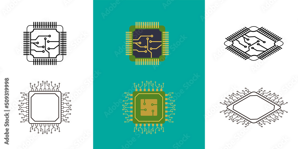 IC circuit board icon set. Technology semiconductor industry concept.