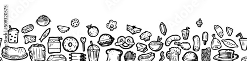 Set of food. Border frame. Baking buns and meat dishes. Hand drawing outline. Isolated on white background. Monochrome drawing. Vector