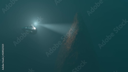 A small bathyscaphe explores old sunk ship on the bottom of the sea 3d animation. Discovering and inspecting of shipwreck underwater. Marine archeology