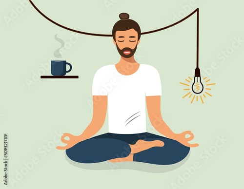 A man sits in a lotus position, does yoga, isolated on a green background. Hipster meditates with a cup of coffee. Vector flat illustration.. Template for yoga day.