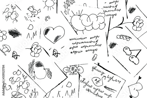 Background of notes with hand-drawn pencil drawings, painted flowers, hearts and various doodles. Vector illustration. Overlay template