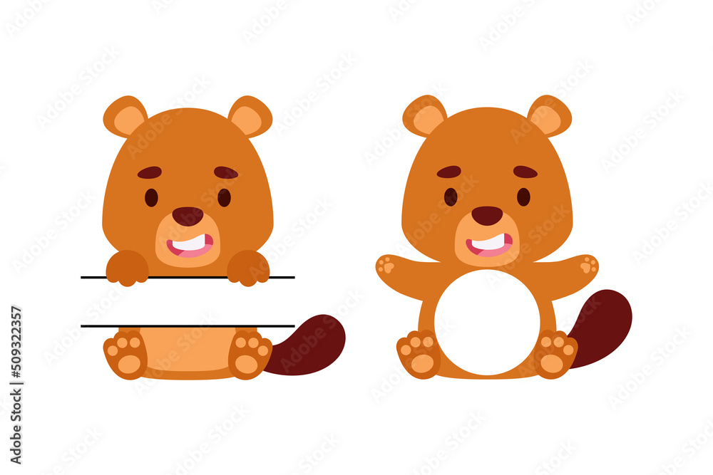 Cute little beaver split monogram. Funny cartoon character for kids t-shirts, nursery decoration, baby shower, greeting cards, invitations, scrapbooking, home decor. Vector stock illustration Cute little beaver split monogram. Funny cartoon character for kids t-shirts, nursery decoration, baby shower, greeting cards, invitations, scrapbooking, home decor. Vector stock illustration