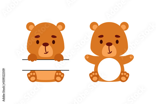 Cute little bear split monogram. Funny cartoon character for kids t-shirts, nursery decoration, baby shower, greeting cards, invitations, scrapbooking, home decor. Vector stock illustration