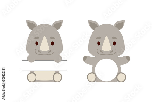 Cute little rhino split monogram. Funny cartoon character for kids t-shirts, nursery decoration, baby shower, greeting cards, invitations, scrapbooking, home decor. Vector stock illustration