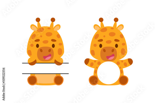 Cute little giraffe split monogram. Funny cartoon character for kids t-shirts, nursery decoration, baby shower, greeting cards, invitations, scrapbooking, home decor. Vector stock illustration