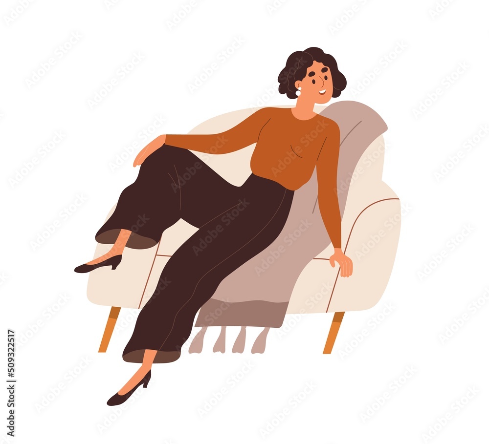 Happy young woman sitting in armchair posing with leg over armrest. Modern smiling girl model in funny position in chair. Positive relaxed female. Flat vector illustration isolated on white background Happy young woman sitting in armchair posing with leg over armrest. Modern smiling girl model in funny position in chair. Positive relaxed female. Flat vector illustration isolated on white background