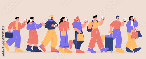 People walk and use mobile phone. Vector flat illustration of men and women characters with bags, suitcase and briefcase hold smartphones, talk and looking on screen