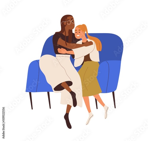 Women friends hugging on sofa. Happy girls couple of different race, sitting on couch. Biracial girlfriends embracing, supporting each other. Flat vector illustration isolated on white background