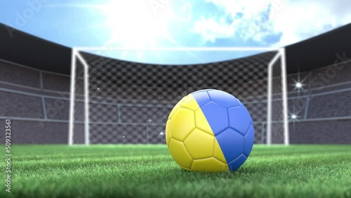 Ukraine soccer ball, rolling into stadium with camera flashes. 3D animation