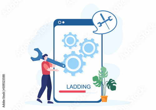 Mobile Repair of a Telephone or Smartphone Electronics Service with Broken Screen and Machine Breakdown in Flat Cartoon Illustration