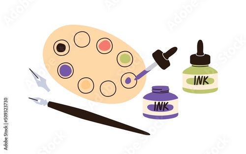 Ink paints palette, bottles with pipette, dip pen, nibs for calligraphy art. Tools for blending tints, pigments for handwriting, lettering. Flat vector illustration isolated on white background