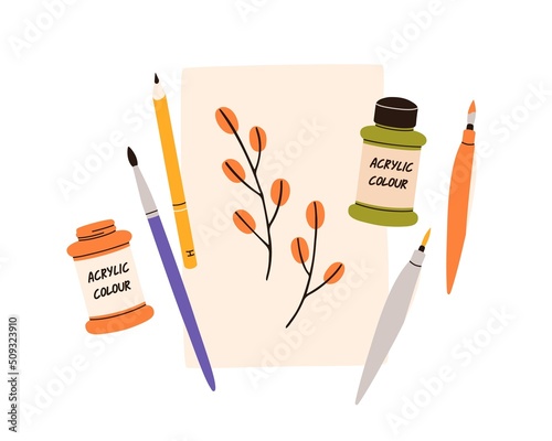 Painting, picture on paper sheet. Drawing with acrylic paints bottles, pencil, brushes, top view.Art supplies, tools, pigments, colours. Flat vector illustration isolated on white background
