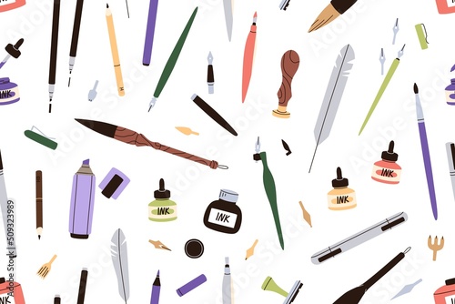 Calligraphy art supplies pattern. Seamless background with dip pens, ink, brushes, quill, lettering tools repeating print. Endless texture for wrapping. Colored flat graphic vector illustration