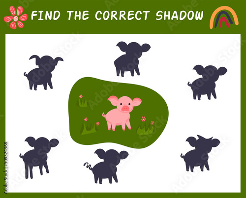 Find the correct shadow with farm animal. Matching game for kid with pig