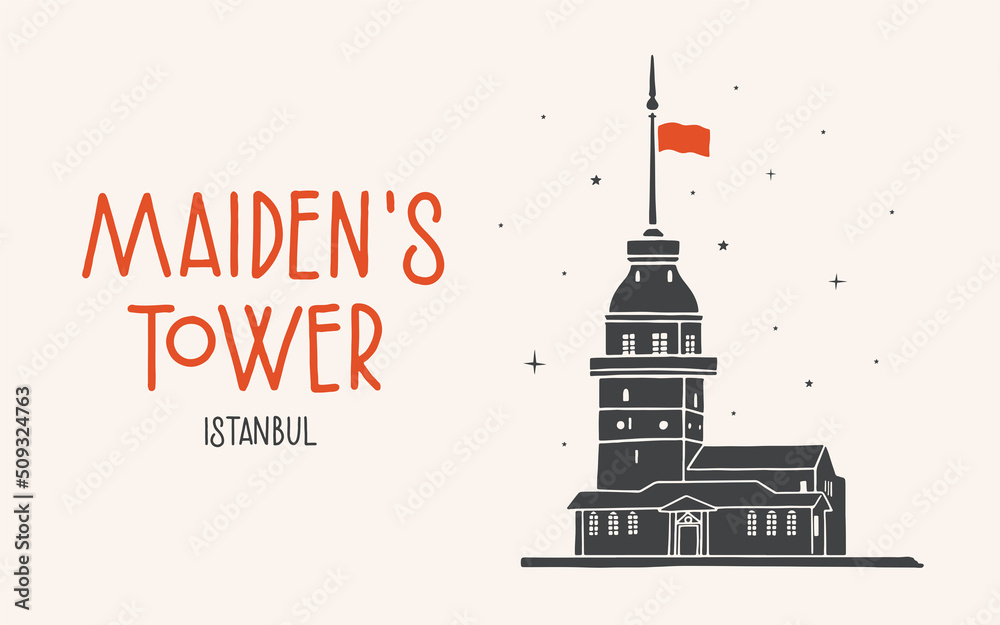 Medieval Maiden's Tower or Kyz Kulesi. A popular symbol of Istanbul. Tourist sight of Turkey. Design element for souvenir products. Vector illustration isolated.