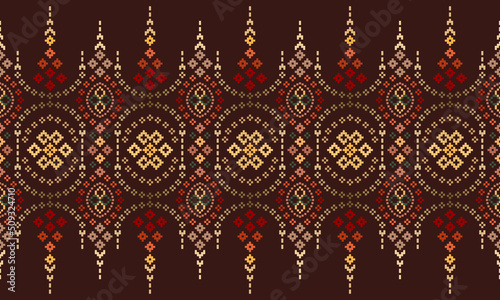 Cross Stitch. Pixel Pattern. Ethnic Patterns. Abstract art. Design for carpet, wallpaper, clothing, textile, pillow, curtain, bedsheet, table runners. Mehndi. Rushnyk. Earth tone. Vintage. Vector.