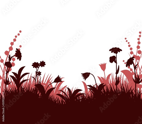 Blooming summer meadow. Dense grass and wildflowers. Rural landscape. Fun cartoon style. Isolated on white background. Vector