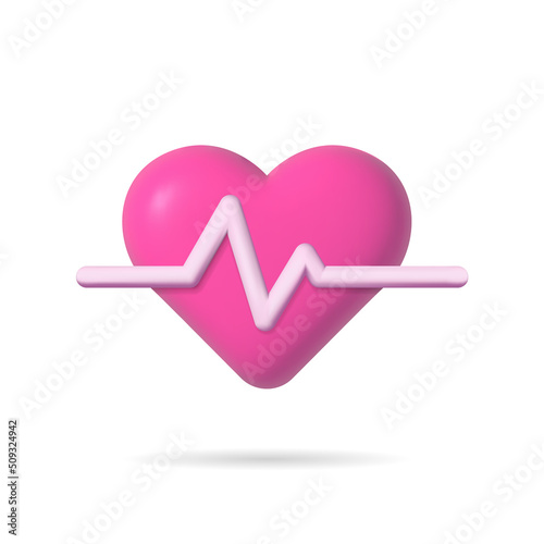3d heart with pulse rate. 3d heart icon with pulse. Icon with heartbeat for ecg. Design element for health, disease, love, care of human and doctor. Isolated on white background. Vector