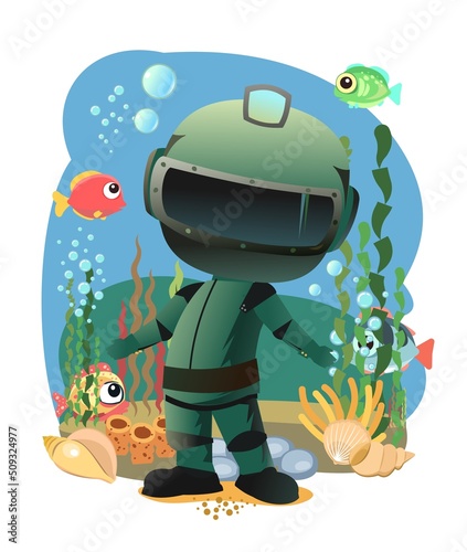Diver in retro scuba gear does not know. Guy in underwater suit bottom of pond. Funny cartoon style. Extreme sports. Person in lake. Air bubbles. Boy swim. Isolated on white background. Vector