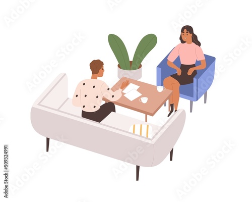 Colleagues at office meeting at coffee table, talking, discussing work. Employees sitting in armchair, sofa. Business communication with partner. Flat vector illustration isolated on white background