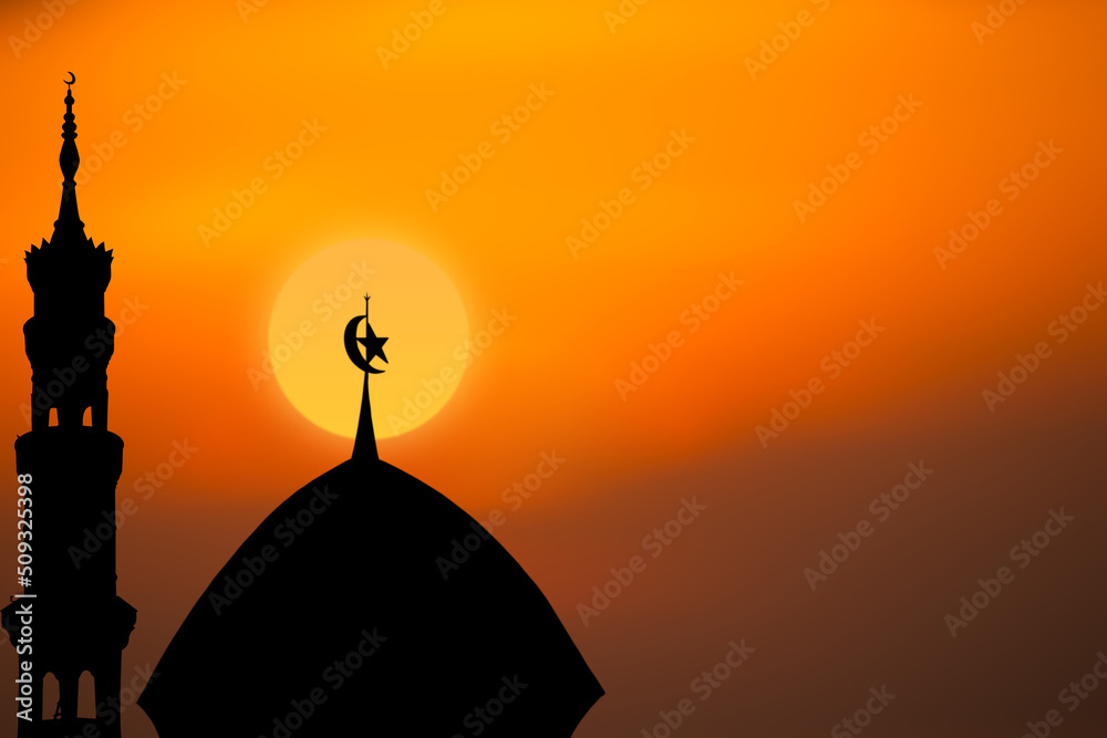 Ramadan, Eid ai-fitr,New year Muharram islamic religion Symbols with Mosques Dome silhouette on dark red and twilight sky in night sunset. arabic,Eid al-adha,mubarak  Muslim concept.