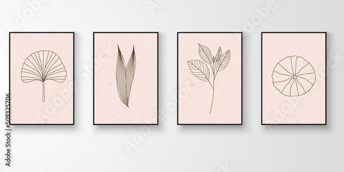 Set of wall art. Story of foliage art drawing with abstract organic shape composition. Leaf branch vector illustration. © FKVT