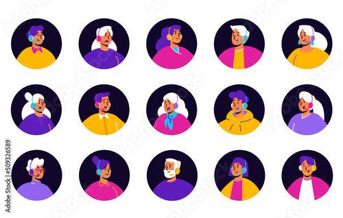 Customer support service operators avatars in black circles. Vector flat icons set of call center, hotline workers, women and men with headset portraits isolated on white background