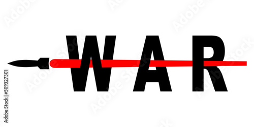 Missile rocket warhead weapon launch frying air strikes with text war on white background icon flat vector design.
