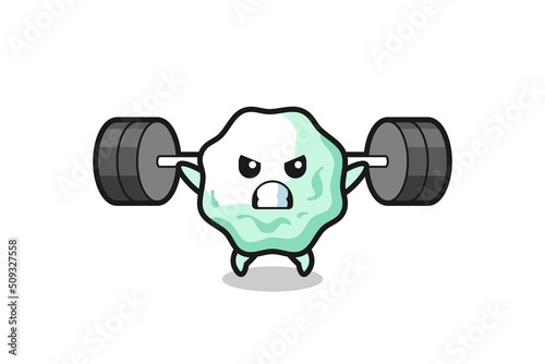 chewing gum mascot cartoon with a barbell